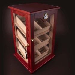 HUMIDOR MINI VITRINA DE MADERA COLOR CAOBA ROJIZO CON 3 COMPARTIMENTOS CON LLAVE PARA 100 PUROS