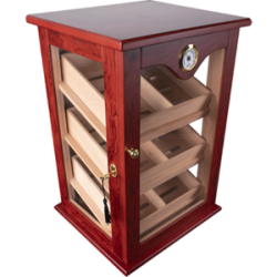 HUMIDOR MINI VITRINA DE MADERA COLOR CAOBA ROJIZO CON 3 COMPARTIMENTOS CON LLAVE PARA 100 PUROS